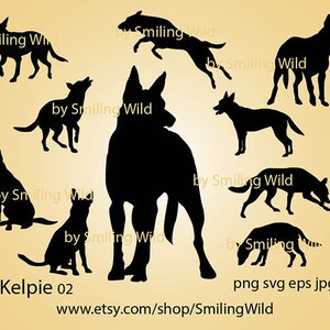 May include: Silhouettes of ten Kelpie dogs in various poses, including standing, sitting, and running. The dogs are all black and are set against a light brown background. The text "Kelpie 02" is at the bottom of the image, along with the website address "www.etsy.com/shop/SmilingWild".