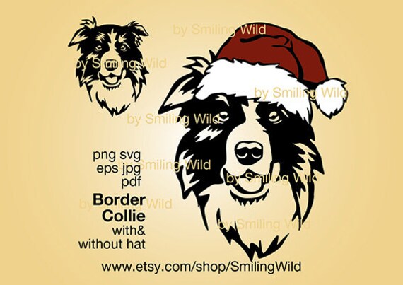 Download Border Collie Svg Portrait Clipart Vector Graphic Art Xmas Hat Etsy