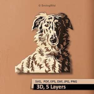 May include: A multi-layered wooden wall art piece depicting a Borzoi dog head in profile. The design features five distinct layers with varying wood grain textures and shades, ranging from light cream to dark brown, creating a 3D effect.