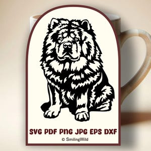 May include: Black and white Chow Chow dog illustration. The dog is sitting with its front paws forward. The image includes the text "SVG PDF PNG JPG EPS DXF" and the copyright "SmilingWild".