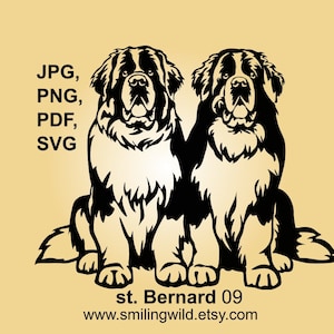Sint-bernard SVG en PNG dubbel portret clipart - realistische hond zwarte hond vectorafbeeldingen lasersnijden - Cricut, Silhouet