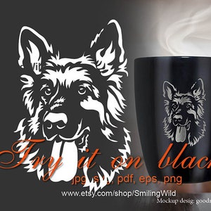 Langhaariger Deutscher Schäferhund svg /12bmc / Vektorgrafik Porträt geschnitten Datei weißer Druck auf schwarzem Schäferhund schneidbare digitale Design Kopfkunst