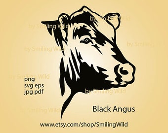 Tête de vache Black Angus svg & png animaux de la ferme portrait taureau svg taureau Black Angus taureau vecteur graphique découpé au laser fichier conception numérique