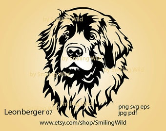 Op de afbeelding: Zwart-witte silhouet van een Leonberger hondenkop. De hond kijkt naar rechts. De afbeelding is getiteld "Leonberger 07" en bevat het websiteadres "www.etsy.com/shop/SmilingWild".