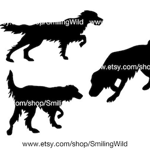 May include: Silhouettes of three black dogs in various poses. The dogs are all facing to the right. The dog on the left is standing with its head held high. The dog in the middle is standing with its head down, as if it is sniffing the ground. The dog on the right is running with its head held high.