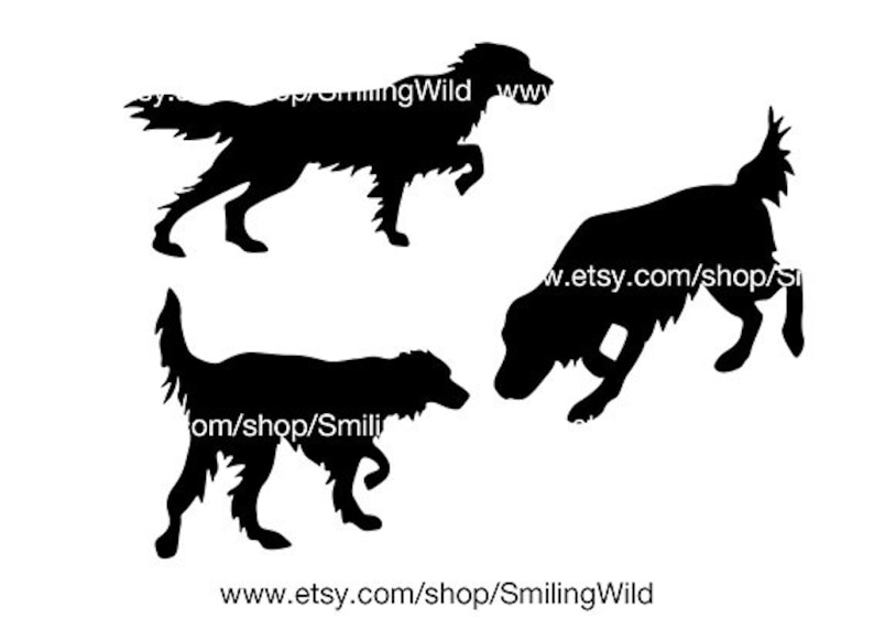 May include: Silhouettes of three black dogs in various poses. The dogs are all facing to the right. The dog on the left is standing with its head held high. The dog in the middle is standing with its head down, as if it is sniffing the ground. The dog on the right is running with its head held high.