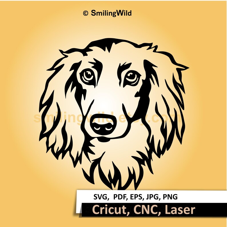 long haired dachshund clipart design in SVG Vector graphic face portrait also available in PDF,  JPG, EPS and PNG files