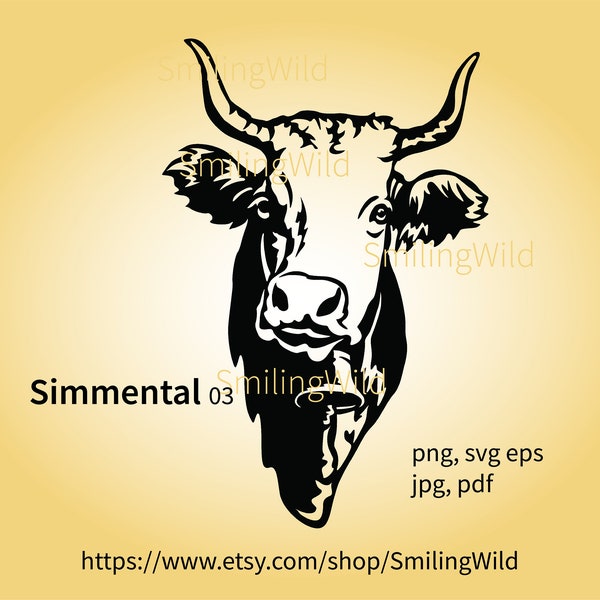 Simmental cow svg vector graphic clip art, Simmental cattle cuttable, Fleckvieh Kuh Rind, horned cow digital design