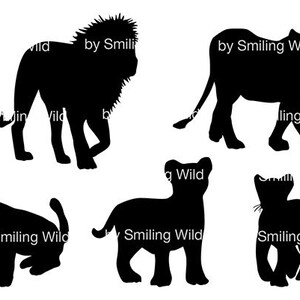 May include: Black silhouette illustrations of lions and lion cubs in various poses. The image includes a lion with a full mane, a lioness walking, and several cubs. Text includes "by Smiling Wild".