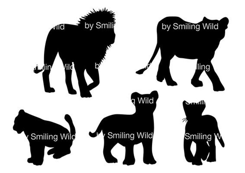 May include: Black silhouette illustrations of lions and lion cubs in various poses. The image includes a lion with a full mane, a lioness walking, and several cubs. Text includes "by Smiling Wild".