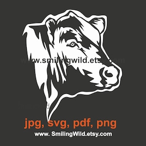 May include: Black and white silhouette of a cow's head, facing right. The cow has a large, prominent nose and a single eye visible. The image is set against a dark gray background. www.smilingwild.etsy.com