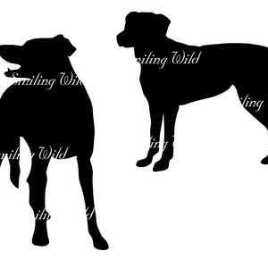 May include: Silhouettes of two dogs, one standing and one in a playful pose. Both dogs are black and are facing the right side of the image.