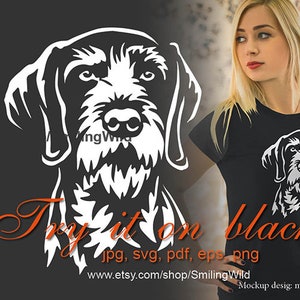 Ritratto di cane da caccia con ritratto di cane da caccia a pelo duro tedesco in formato svg, tagliato in bianco su file di taglio laser nero, grafica vettoriale, design artistico