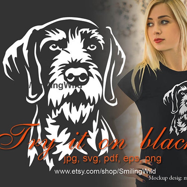 Tedesco Wirehaired Pointer svg ritratto cane da caccia tagliato in stampa bianca su puntatore nero taglio laser file disegno grafico vettoriale