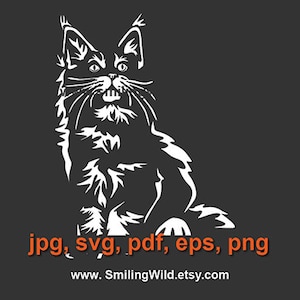 Chat Maine Coon svg blanc impression sur noir Maine Coon chaton clipart laser couper fichier découper cricut Maine Coon design numérique