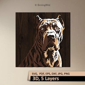 May include: A multi-layered wooden wall art piece featuring a stylized Cane Corso dog portrait. The design uses dark brown wood grain textures and white cutouts to create depth. The text SmilingWild is at the top, with SVG, PDF, EPS, DXF, JPG, PNG, 3D, 5 Layers at the bottom.