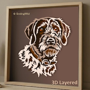 May include: A framed 3D layered artwork featuring a dog's head in shades of brown and white. The dog has orange eyes and a collar. The artwork is set against a brown background. The text "3D Layered" is at the bottom.