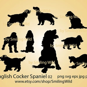 Cocker Spaniel Inglês svg & png silhueta de cachorro sentado pacote de arquivo de corte, Cocker clipart cortável cricut, Cocker design digital