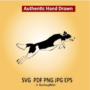 May include: A black and white illustration of a dog in mid-jump. The dog is in profile, with its body arched and legs extended. The image includes the text "Authentic Hand Drawn" and file type options: SVG, PDF, PNG, JPG, EPS.