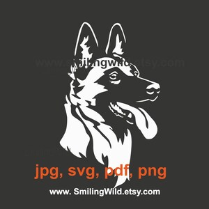 May include: A white silhouette of a German Shepherd dog with its tongue sticking out. The dog is facing to the right and has its ears perked up. The background is black. The text "jpg, svg, pdf, png" is below the dog. The text "www.SmilingWild.etsy.com" is below the text "jpg, svg, pdf, png".