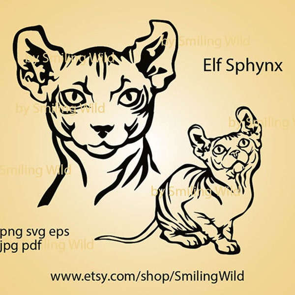 Elf Sphynx cute cat svg vector graphic art Elf Sphynx laser cut portrait cuttable cricut Elf Sphynx digital design clipart
