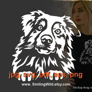 Merle Aussie hond SVG & PNG portret, gluren Australian Shepherd svg clip art digitaal ontwerp, hondenshow poot Graveerbare cricut kunst