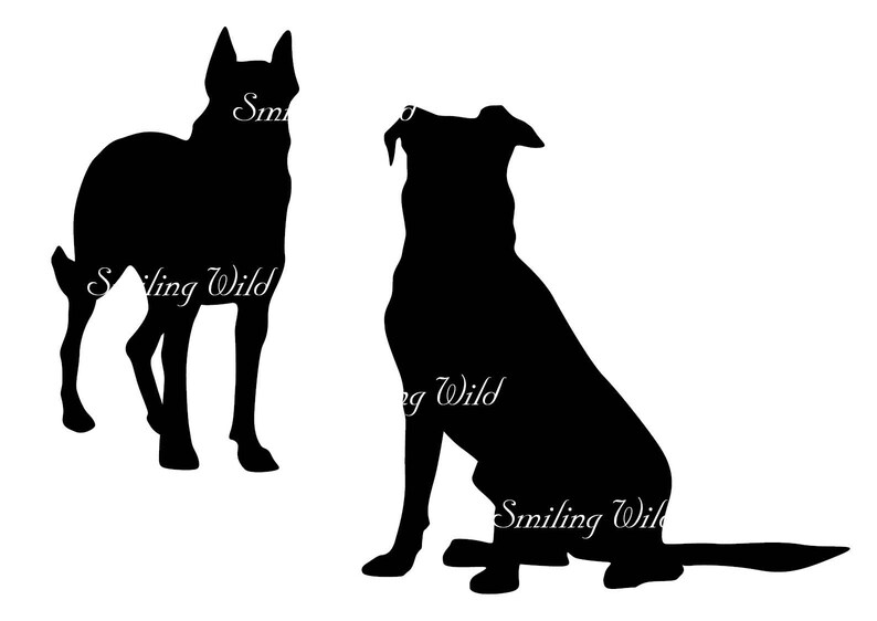 May include: Silhouette of two dogs, one standing and one sitting. The standing dog is facing the left side of the image, while the sitting dog is facing the right side of the image. Both dogs are black.