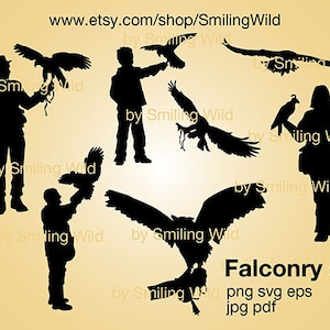 Paquete de siluetas de aves de cetrería, archivos svg png para cortar - caza con aves, svg, aves rapaces, clipart - archivo de corte láser de silueta de águila