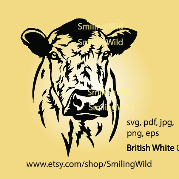 British white cow svg clip art head design, cattle cuttable vector graphic file, British white farm animal digital cut file