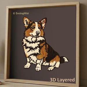 May include: A 3D layered wooden art piece featuring a corgi dog in shades of brown, black, and white. The artwork is framed in a light-colored wooden frame. The text "3D Layered" is visible at the bottom.