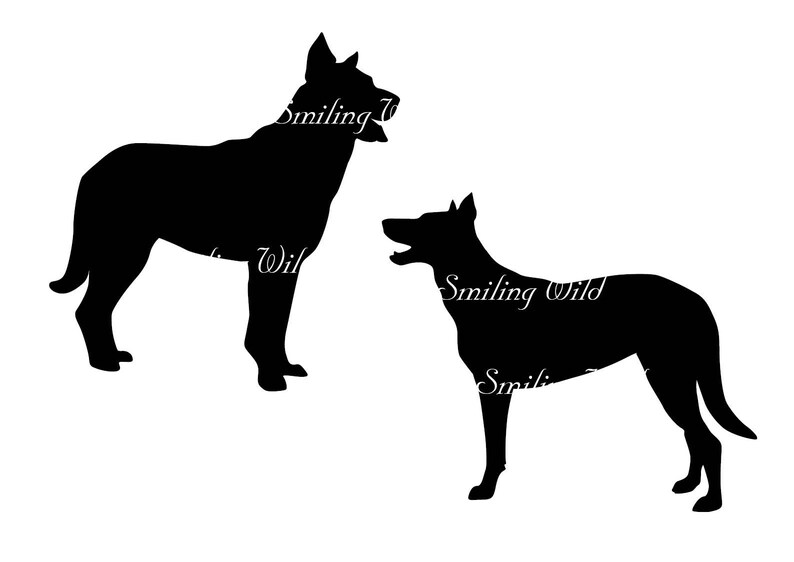 May include: Silhouette of two black dogs standing side by side. The dog on the left is facing forward, while the dog on the right is facing to the right.