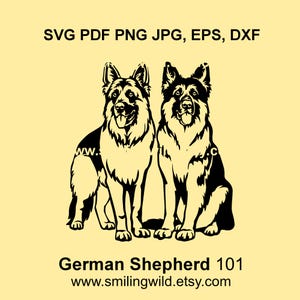 Deux paires de bergers allemands SVG & PNG clipart - fichier vectoriel double portrait chien - illustration numérique, Cricut, découpe laser, téléchargement