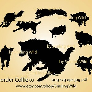 May include: Silhouettes of eight black Border Collie dogs in various poses, including running, jumping, and sitting. The image includes the text "Border Collie 03" and "www.etsy.com/shop/SmilingWild".
