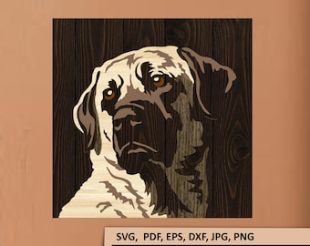 May include: A multi-layered digital graphic of a dog head featuring shades of cream, tan, and dark brown against a dark wood grain background. The text SmilingWild appears at the top, with SVG, PDF, EPS, DXF, JPG, PNG, 3D, 5 Layers + eyes below.