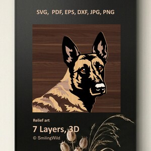 Può includere: Un design artistico in rilievo 3D raffigurante un ritratto di cane pastore tedesco composto da 7 strati. L'immagine include il testo: SVG, PDF, EPS, DXF, JPG, PNG, Relief art, 7 Layers, 3D e SmilingWild. Il cane ha pelo nero e color legno.