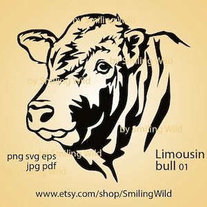 Arte gráfica vetorial svg de carne de limousin /01/ arquivo de corte de gado Limousin touro rosto clipart animal de fazenda cortável cricut digital cabeça de boi