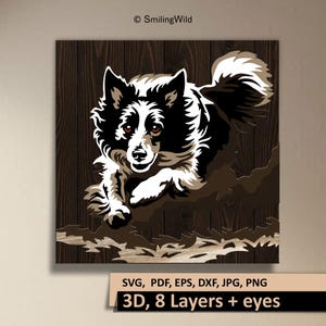 May include: A multi-layered wooden wall art piece featuring a black and white border collie dog jumping, set against a dark brown wood grain background. The text "SmilingWild" appears at the top, with "SVG, PDF, EPS, DXF, JPG, PNG" and "3D, 8 Layers + eyes" listed below.
