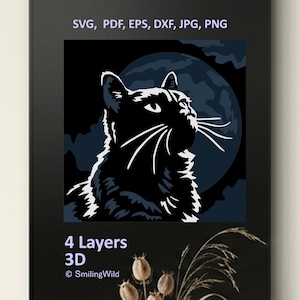 Peut inclure: Un design graphique numérique représentant la silhouette d'un chat noir sur un fond de lune bleu foncé. Le texte indique SVG, PDF, EPS, DXF, JPG, PNG, 4 Layers 3D et SmilingWild. L'illustration montre un félin stylisé avec des moustaches blanches.
