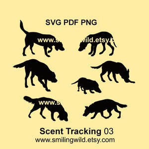 Pacote de silhuetas SVG e PNG de cachorro farejador, clipart vetorial de rastreamento de cheiro de cachorro - Malinois, Dachshound, Munsterlander, Labrador, GSD, Beegle, Vizsla