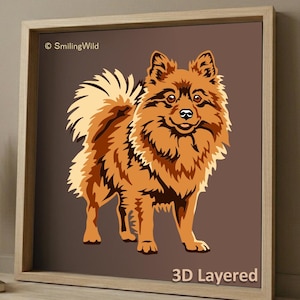 Può includere: Stampa incorniciata con un'illustrazione stilizzata di un cane Pomerania nei toni del marrone e del beige. L'opera d'arte ha un effetto 3D a strati su uno sfondo marrone. Il nome dell'artista, SmilingWild, è nell'angolo in alto a sinistra.