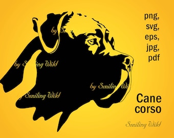 May include: Black silhouette of a Cane Corso dog's head against a yellow background. The text "Cane Corso" and "Smiling Wild" is written below the image.