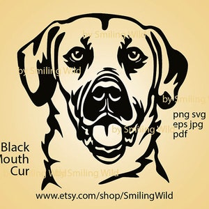 May include: Black and white illustration of a Black Mouth Cur dog with a smiling expression. The dog's mouth is open, showing its teeth. The illustration is in a simple, stylized style.