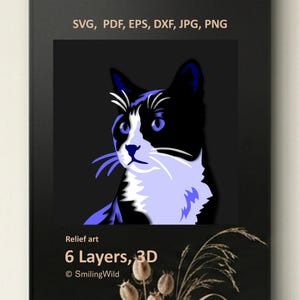 May include: A digital graphic of a cat in black, white, and blue tones, featuring 6 layers for 3D relief art. The text reads SVG, PDF, EPS, DXF, JPG, PNG, Relief art, 6 Layers, 3D, and SmilingWild. The cat is shown in a profile view.