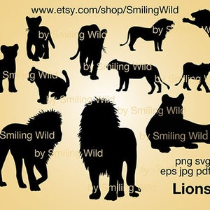 May include: Black lion silhouettes in various poses, including standing, walking, and leaping. The image includes the text "Lions" and file type information. The Etsy shop URL is visible at the top.