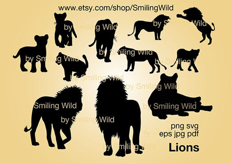 May include: Black lion silhouettes in various poses, including standing, walking, and leaping. The image includes the text "Lions" and file type information. The Etsy shop URL is visible at the top.