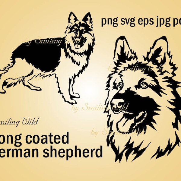 Long coat german shepherd svg vector graphic art printable portrait german shepherd clipart cuttable png long hair german shepherd eps