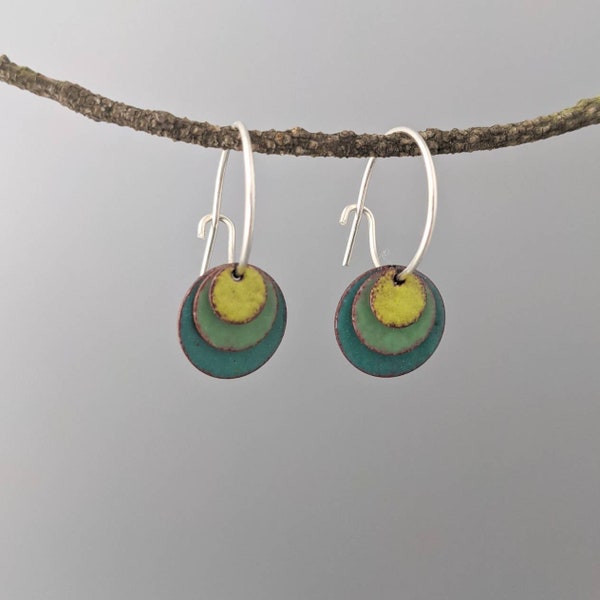 Spring Reversible Enamel Layered Hoops / Recycled Copper / Lightweight Colorful Earrings / Lime Green, Sea, Navy, Taupe / Handmade in Oregon