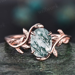 Oval cut green moss agate ring nature inspired engagement ring leaf solitaire 14k rose gold promise anniversary wedding ring women gifts