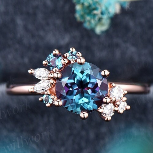 Princess Cut Alexandrite Engagement Ring Set 14k Rose Gold Art - Etsy