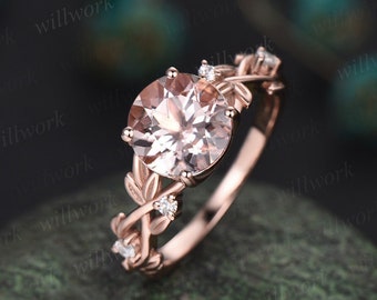 2ct Twig round cut morganite engagement ring 14k rose gold art deco five stone leaf branch Nature inspired diamond wedding ring for women